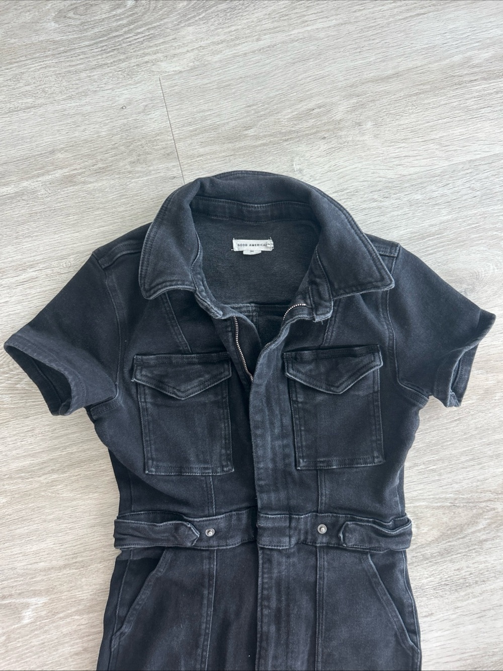 Good American Fit For Success Jumpsuit Womens M Black Denim Short Sleeve Romper - Picture 4 of 7